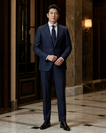 Navy Blue Tweed Winter Suit - Custom Made to Measure front view