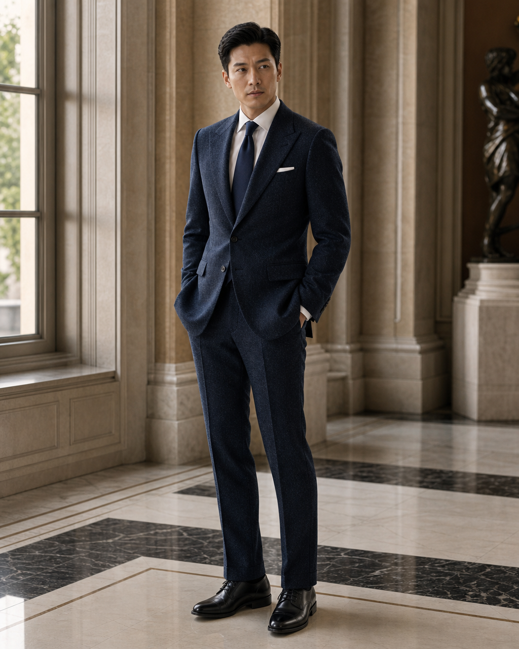 Navy Blue Tweed Winter Suit - Custom Made to Measure side back view