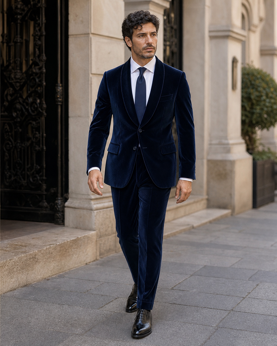 Navy Blue Velvet Shawl Lapel Suit — Custom Made to Measure