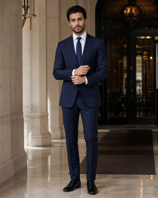 Navy Blue Wool Outdoor Wedding Suit - Custom Made to Measure front view