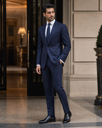 Navy Blue Wool Outdoor Wedding Suit - Custom Made to Measure side back view