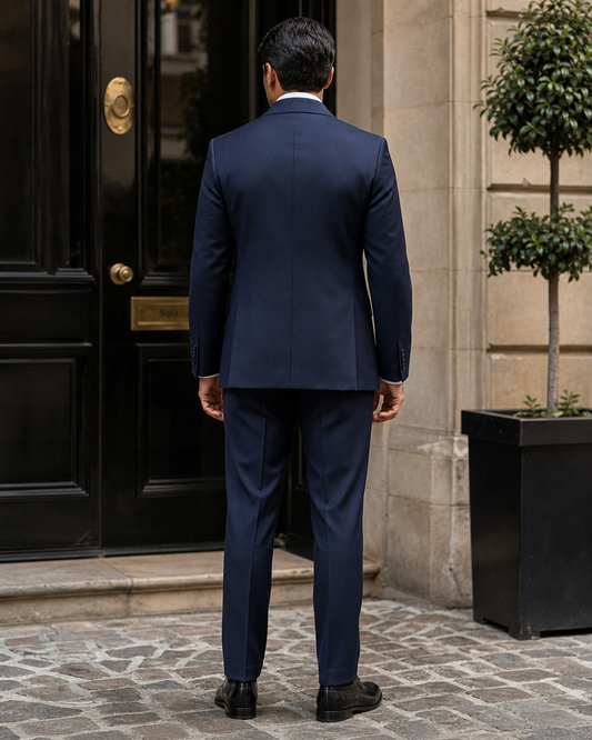 Navy Blue Wool Shawl Lapel Suit - Custom Made to Measure back view