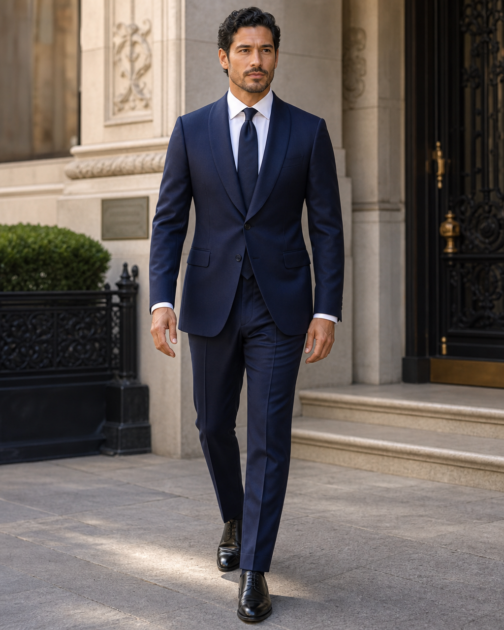Navy Blue Wool Shawl Lapel Suit — Custom Made to Measure