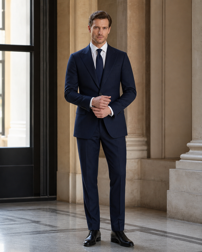 Navy Blue Wool Winter Suit - Custom Made to Measure front view