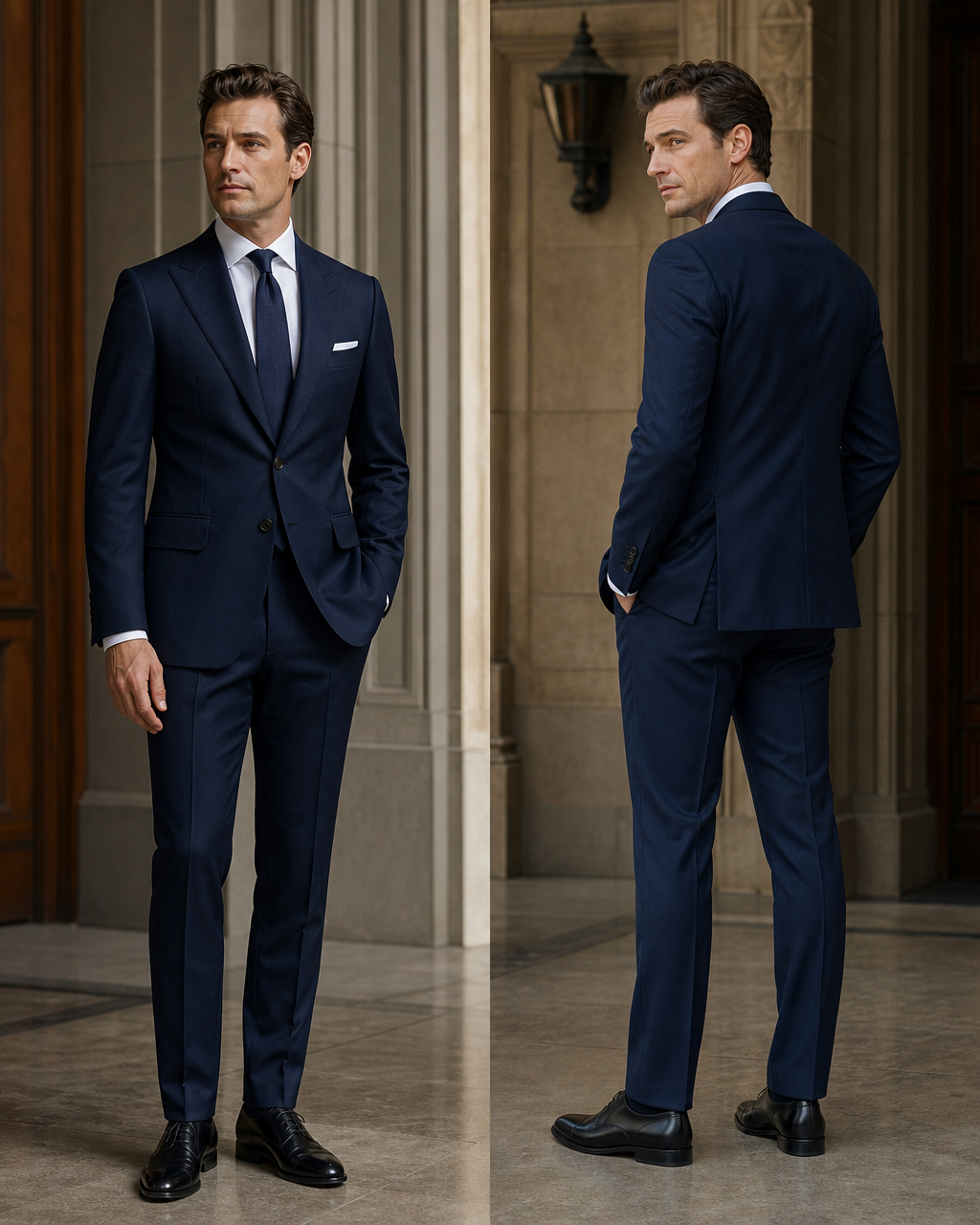 Navy Blue Wool Winter Suit - Custom Made to Measure side back view