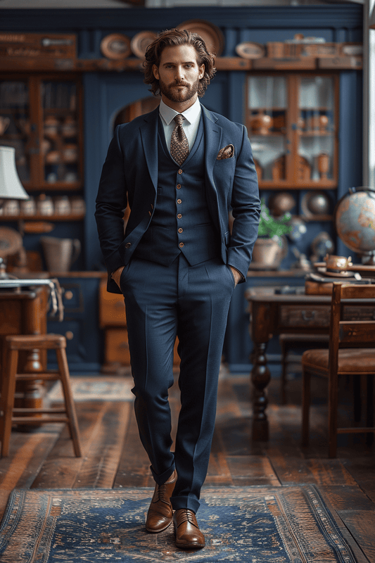 Navy Blue Silk Blend Cocktail Party Suit — Custom Made to Measure