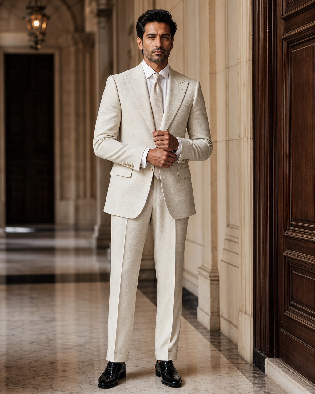 Off-White Herringbone Winter Suit - Custom Made to Measure front view