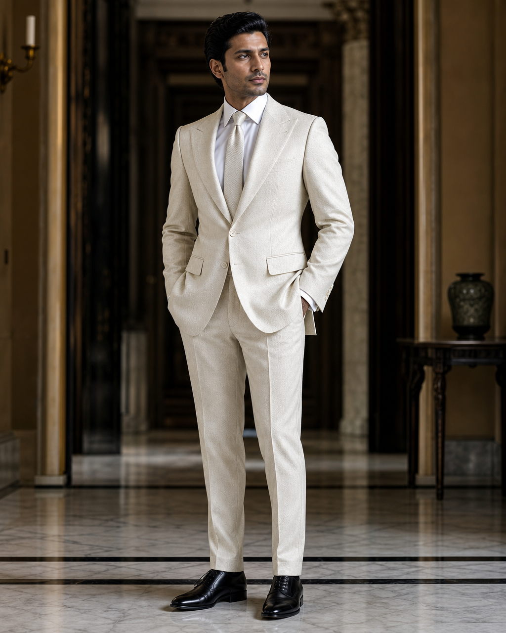 Off-White Herringbone Winter Suit - Custom Made to Measure side back view