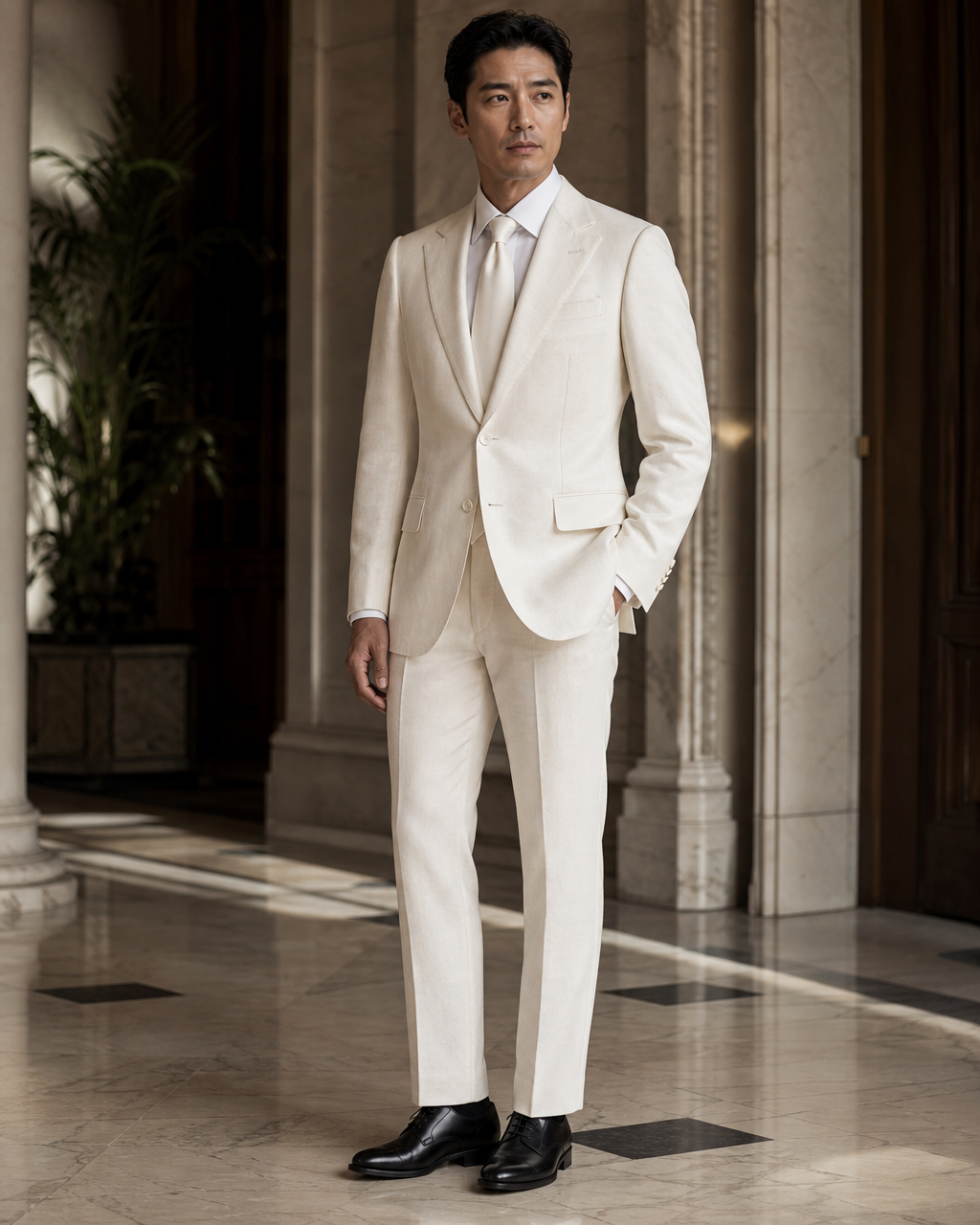 Off-White Linen Beach Wedding Suit - Custom Made to Measure side back view
