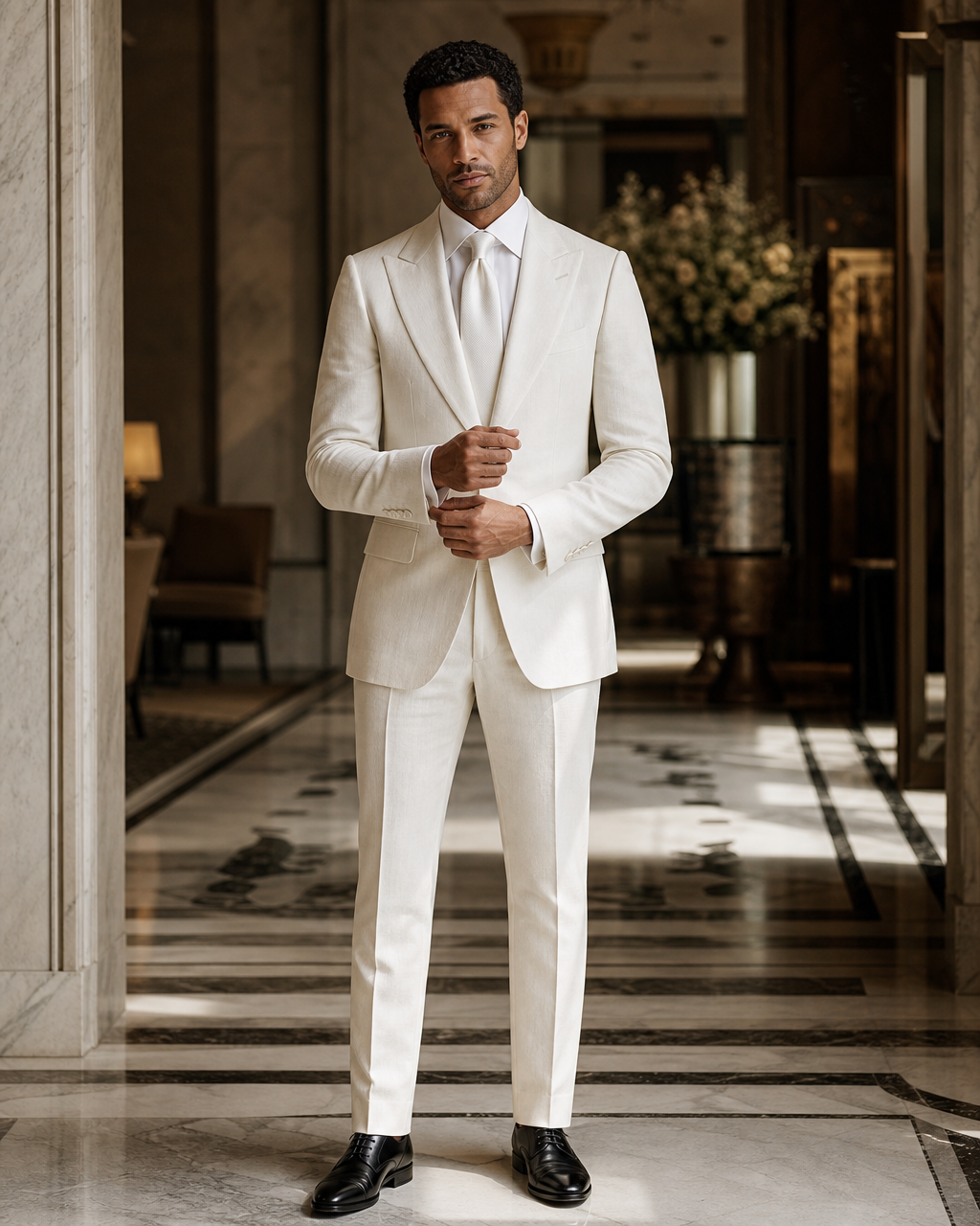 Off-White Linen Outdoor Wedding Suit - Custom Made to Measure front view