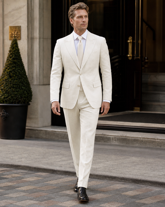 Off-White Linen Peak Lapel Suit - Custom Made to Measure front view