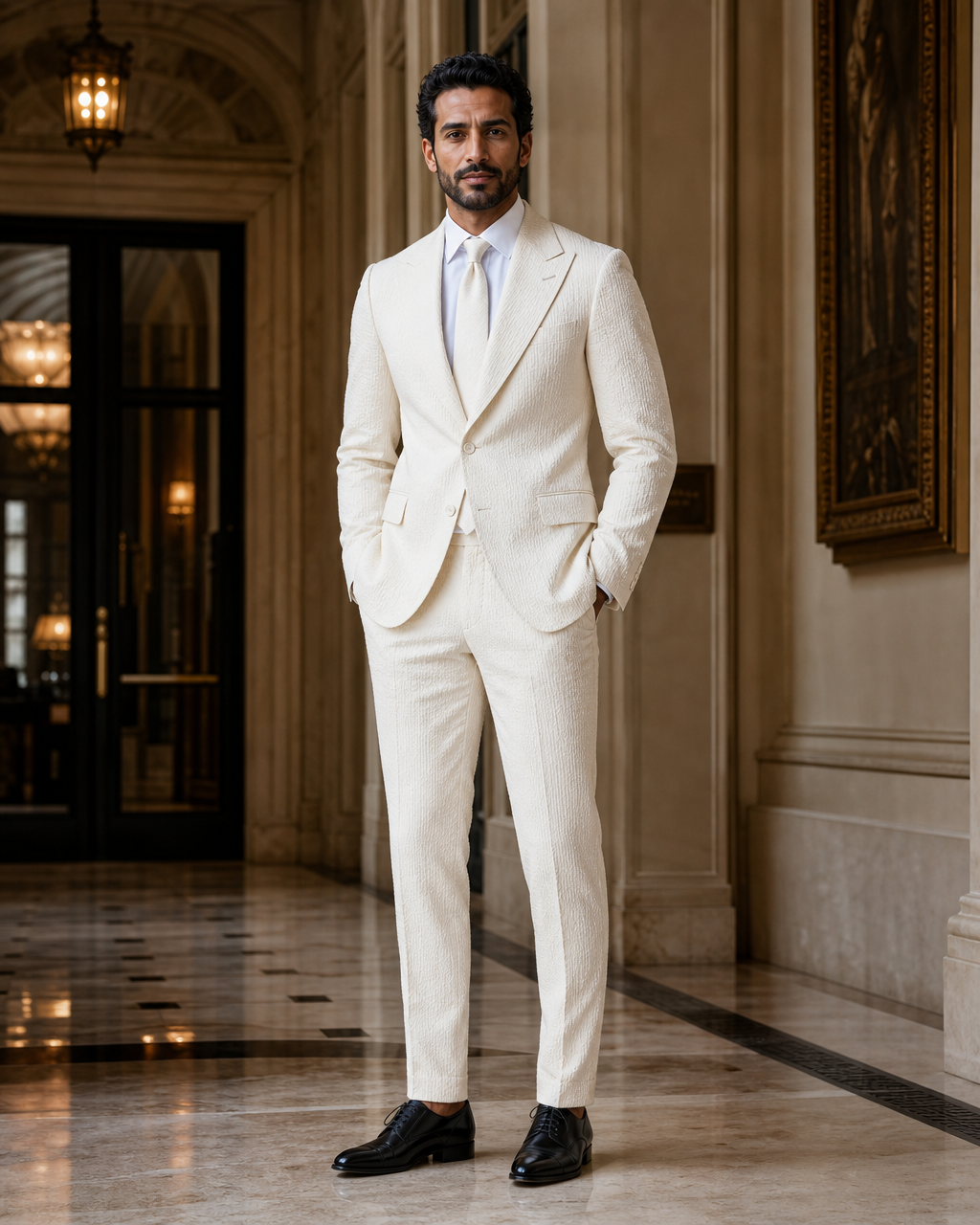 Off-White Seersucker Beach Wedding Suit - Custom Made to Measure side back view