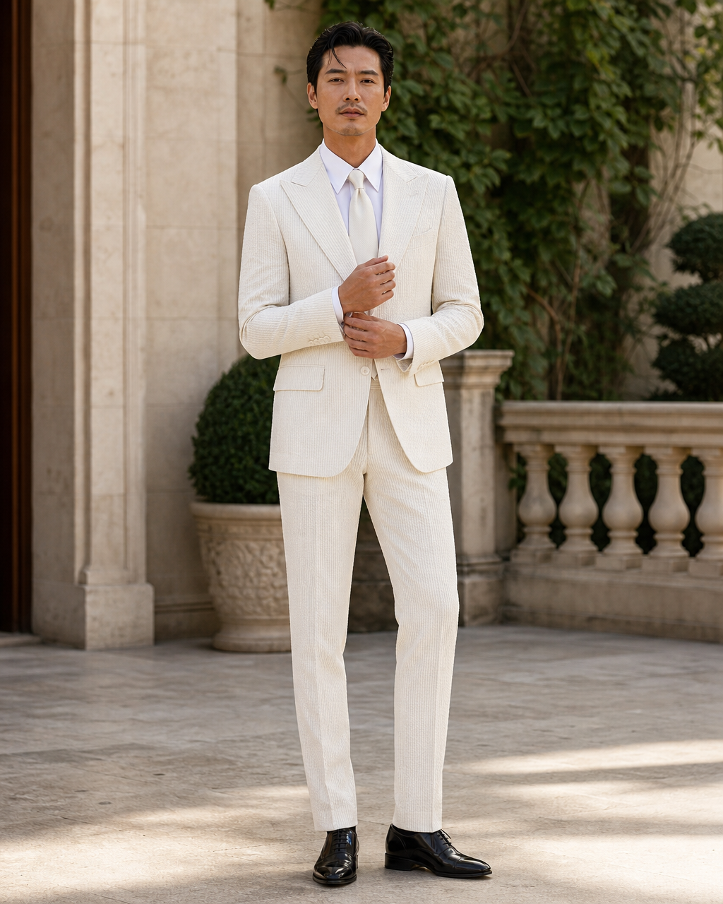 Off-White Seersucker Outdoor Wedding Suit — Custom Made to Measure front view