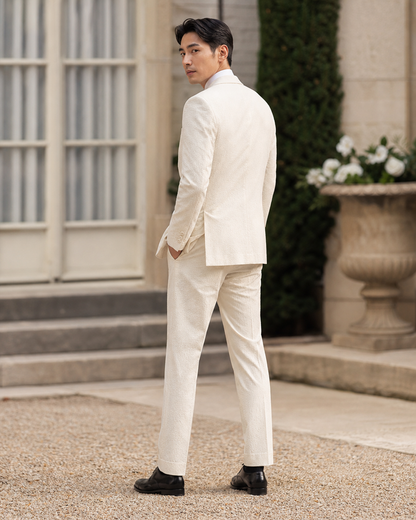 Off-White Seersucker Outdoor Wedding Suit — Custom Made to Measure side back view