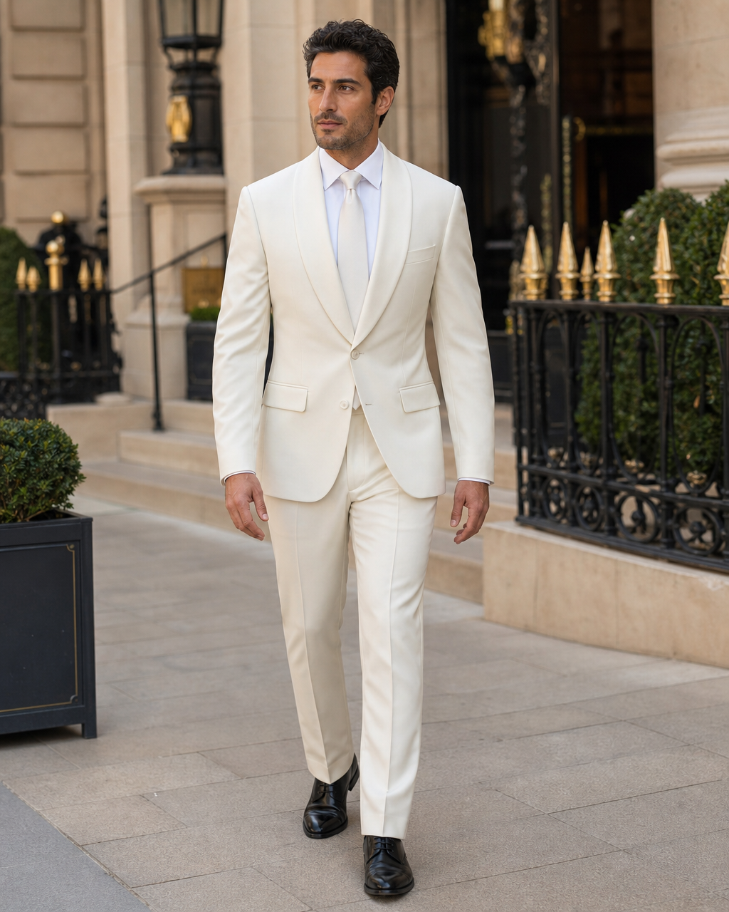 Off-White Silk Blend Shawl Lapel Suit - Custom Made to Measure front view