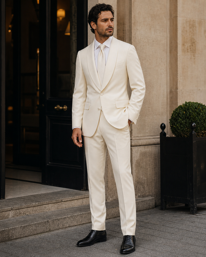 Off-White Silk Blend Shawl Lapel Suit - Custom Made to Measure side three quarter view