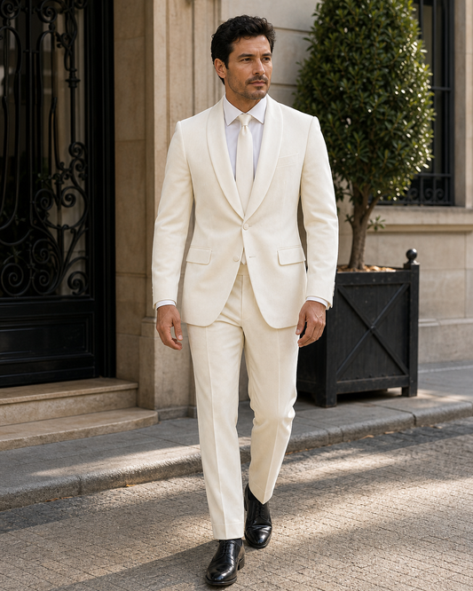 Off-White Velvet Shawl Lapel Suit - Custom Made to Measure front view