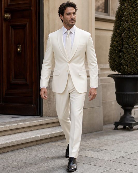 Off-White Wool Shawl Lapel Suit - Custom Made to Measure front view