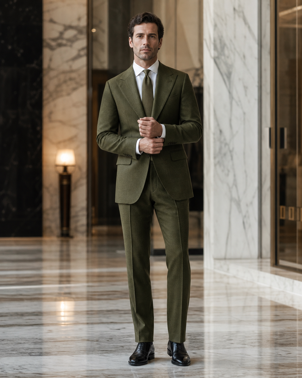 Olive Cashmere Blend Winter Suit - Custom Made to Measure front view