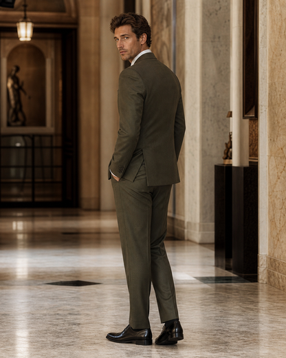 Olive Cashmere Blend Winter Suit - Custom Made to Measure side back view