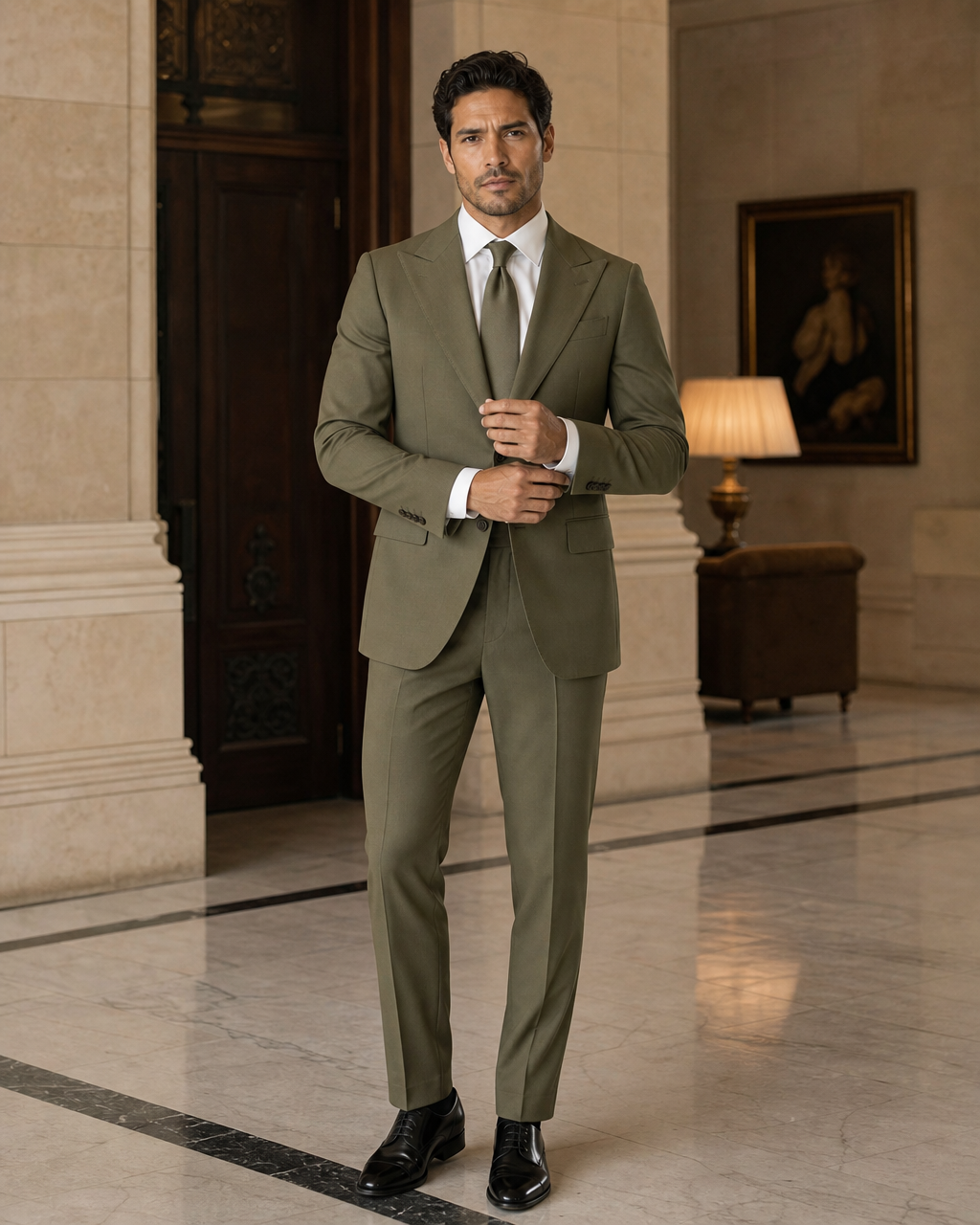 Olive Cotton Beach Wedding Suit - Custom Made to Measure front view