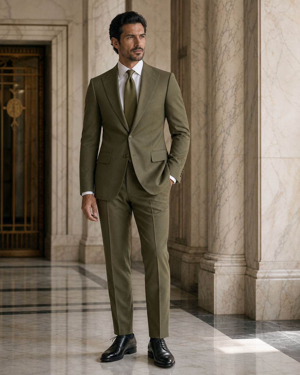 Olive Cotton Beach Wedding Suit - Custom Made to Measure side back view