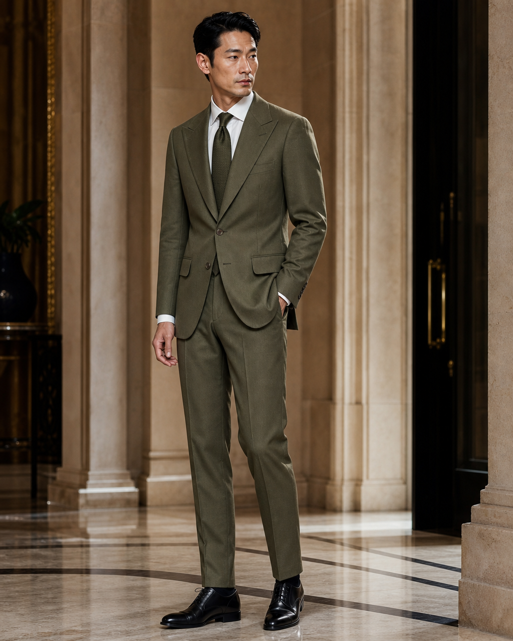 Olive Cotton Outdoor Wedding Suit - Custom Made to Measure side back view