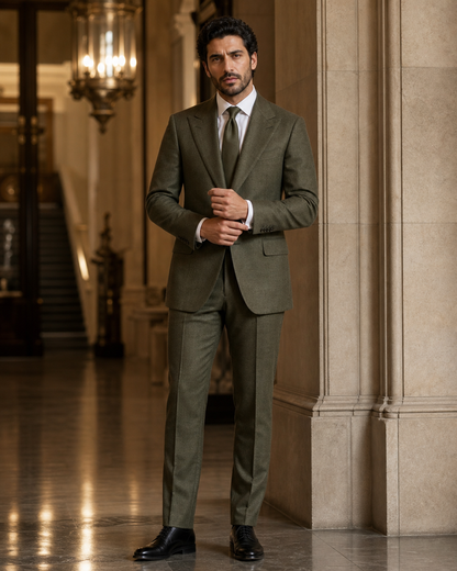 Olive Flannel Winter Suit - Custom Made to Measure front view