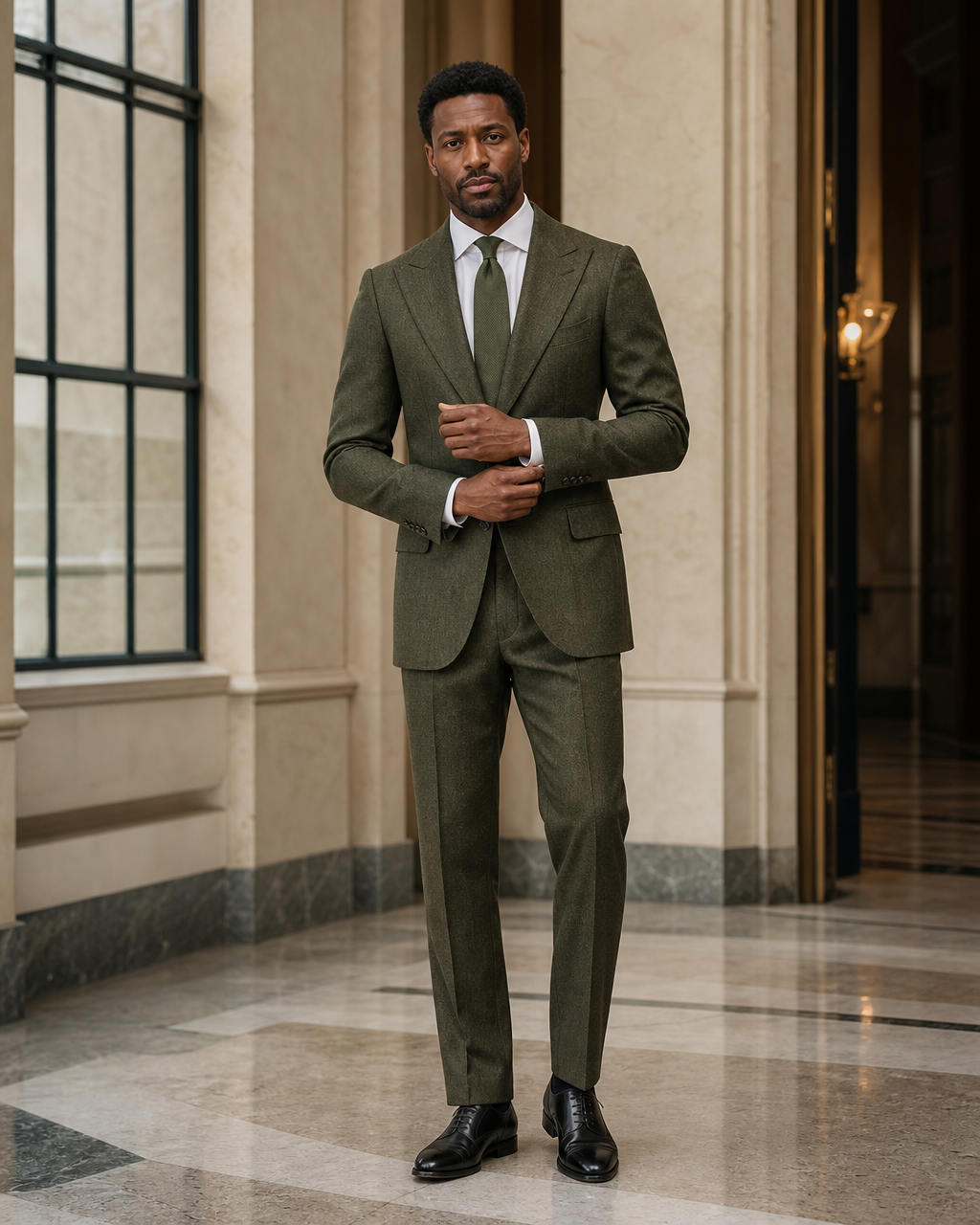 Olive Herringbone Winter Suit - Custom Made to Measure front view