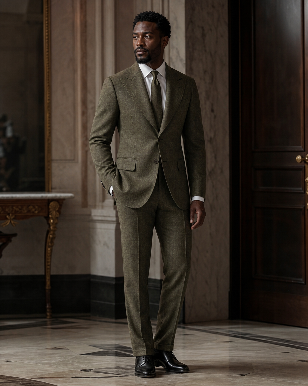 Olive Herringbone Winter Suit - Custom Made to Measure side back view