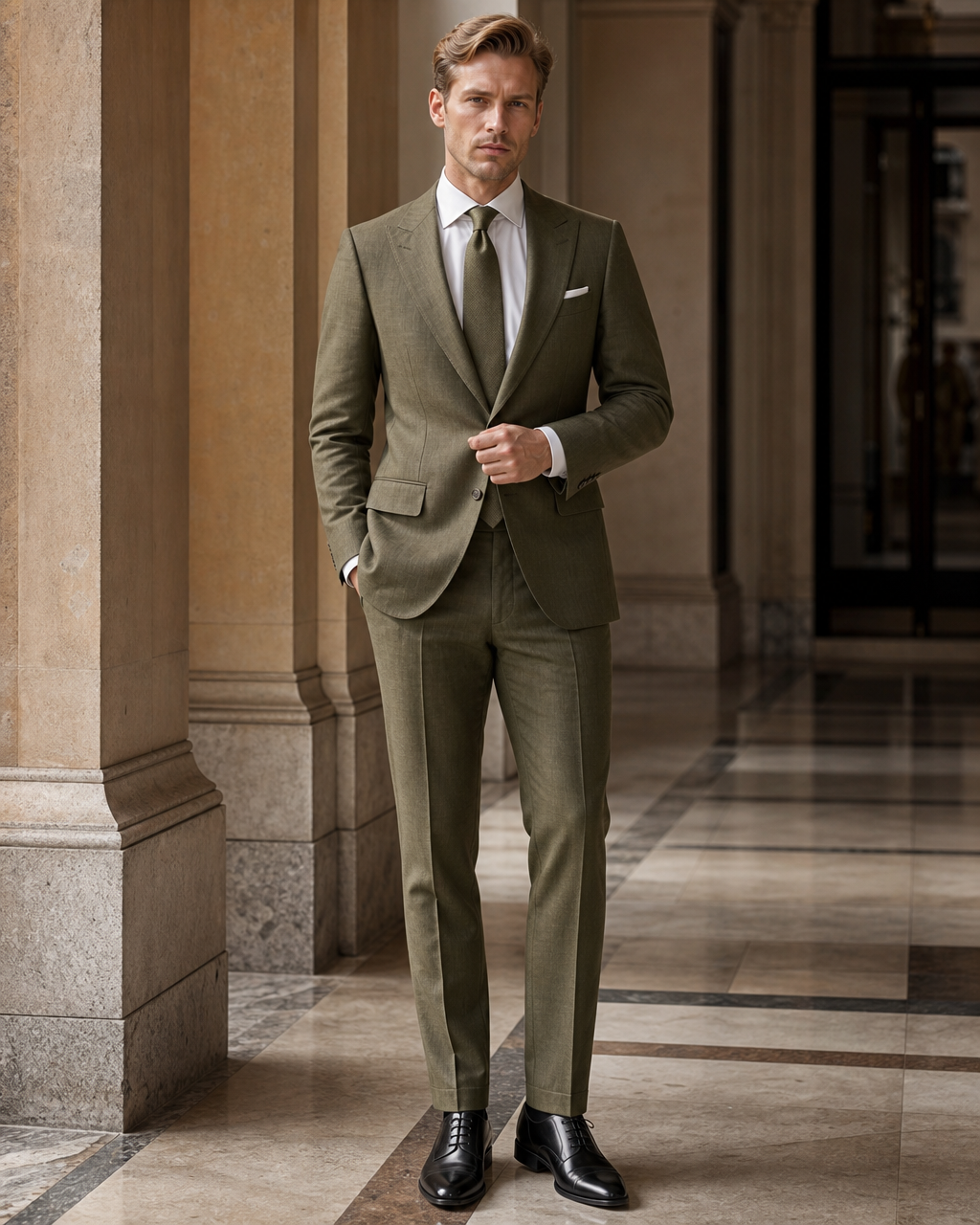 Olive Linen Beach Wedding Suit - Custom Made to Measure front view