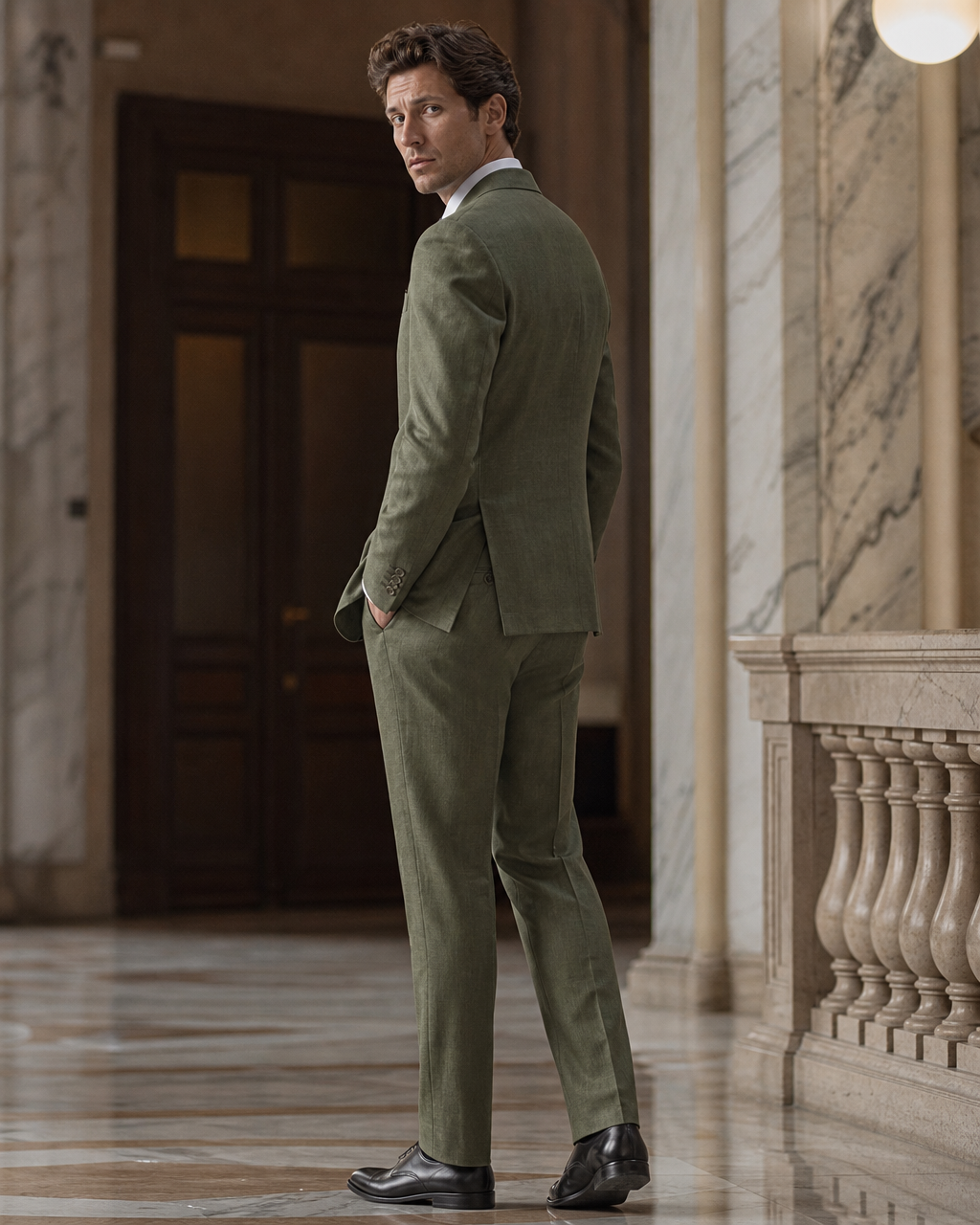 Olive Linen Beach Wedding Suit - Custom Made to Measure side back view