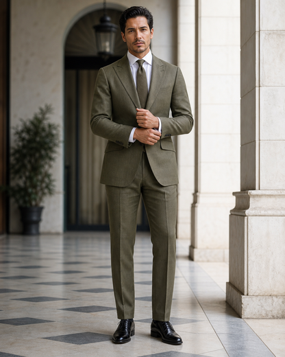 Olive Linen Outdoor Wedding Suit - Custom Made to Measure front view
