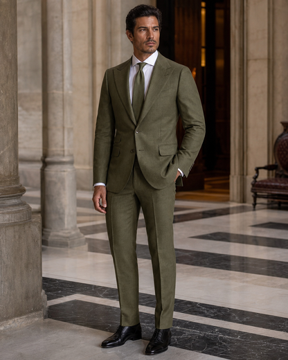 Olive Linen Outdoor Wedding Suit - Custom Made to Measure side back view