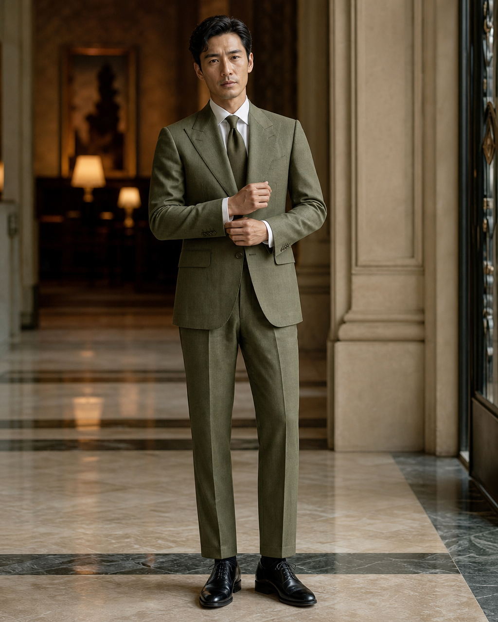 Olive Linen Summer Suit - Custom Made to Measure front view