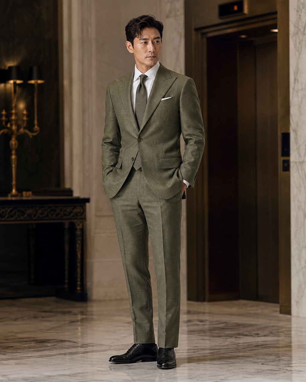 Olive Linen Summer Suit - Custom Made to Measure side back view