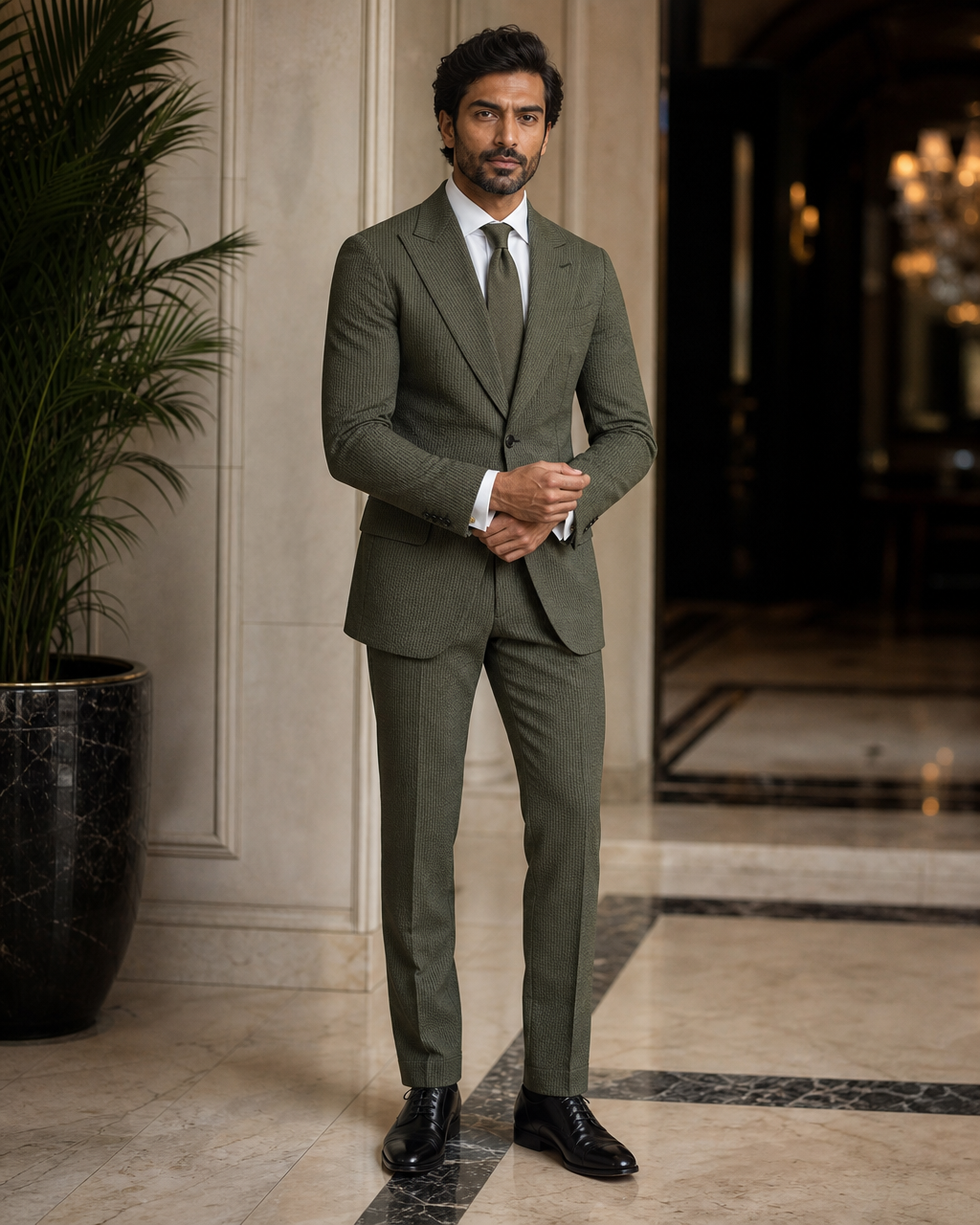 Olive Seersucker Beach Wedding Suit - Custom Made to Measure front view