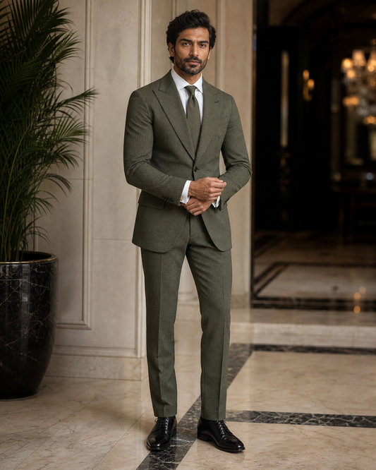 Olive Seersucker Beach Wedding Suit - Custom Made to Measure front view