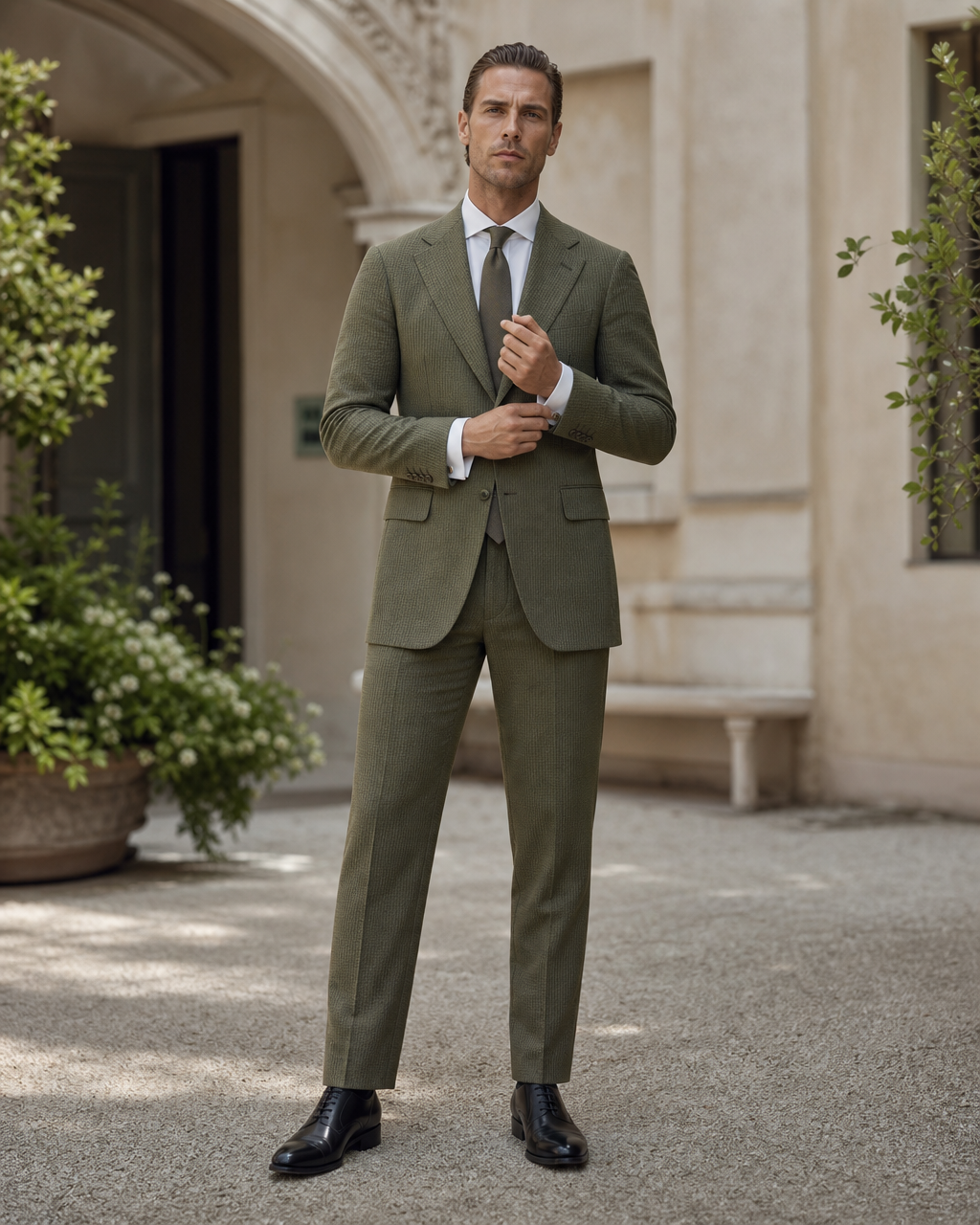 Olive Seersucker Outdoor Wedding Suit — Custom Made to Measure front view