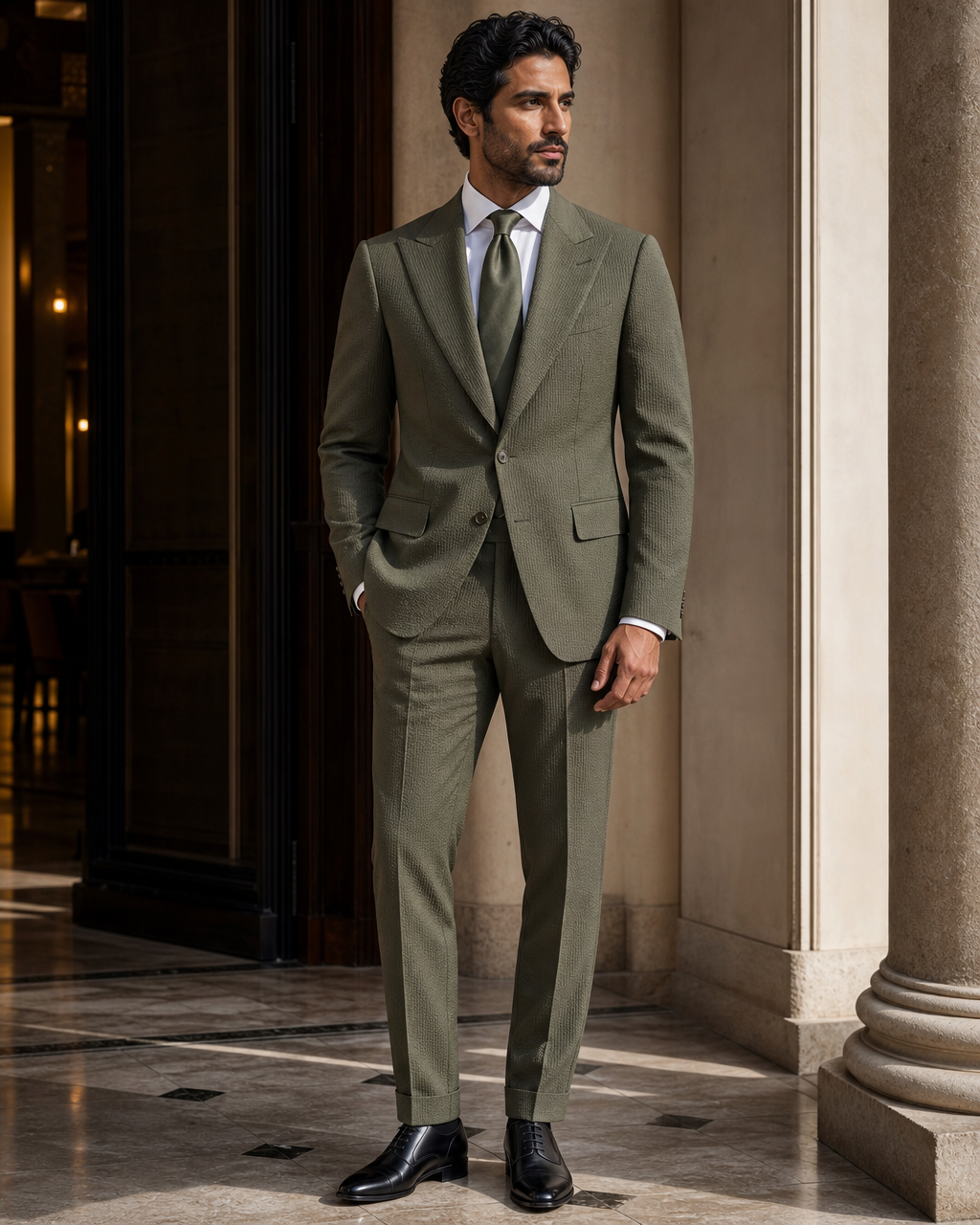 Olive Seersucker Summer Suit - Custom Made to Measure side back view