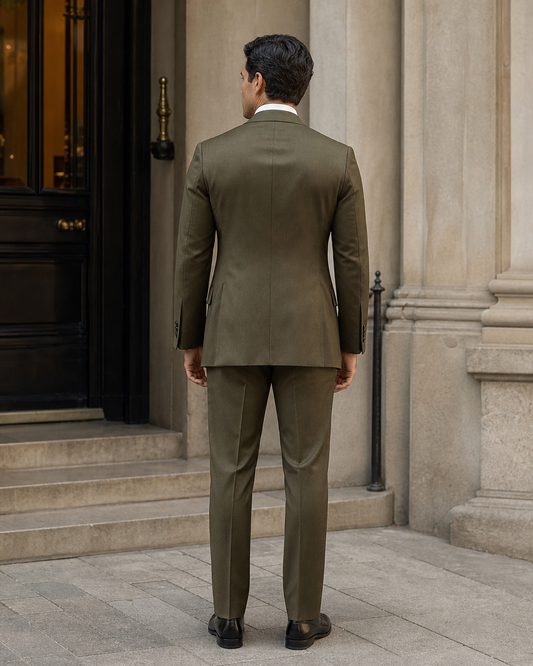 Olive Silk Blend Peak Lapel Suit - Custom Made to Measure back view