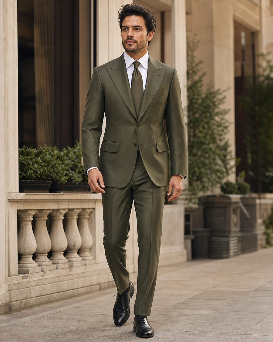 Olive Silk Blend Peak Lapel Suit — Custom Made to Measure