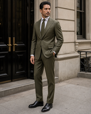 Olive Silk Blend Peak Lapel Suit — Custom Made to Measure — 3