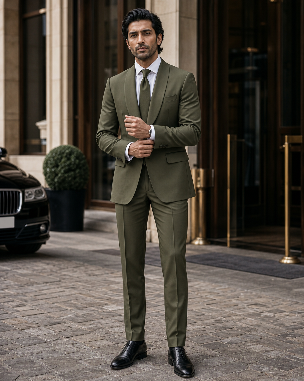 Olive Silk Blend Shawl Lapel Suit - Custom Made to Measure front view