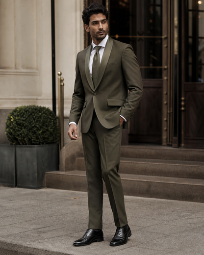 Olive Silk Blend Shawl Lapel Suit - Custom Made to Measure side back view