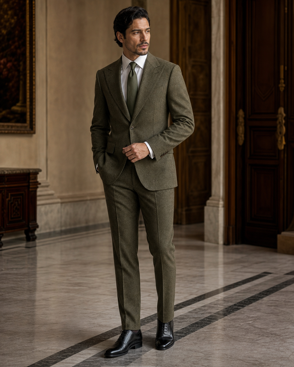 Olive Tweed Winter Suit - Custom Made to Measure side back view