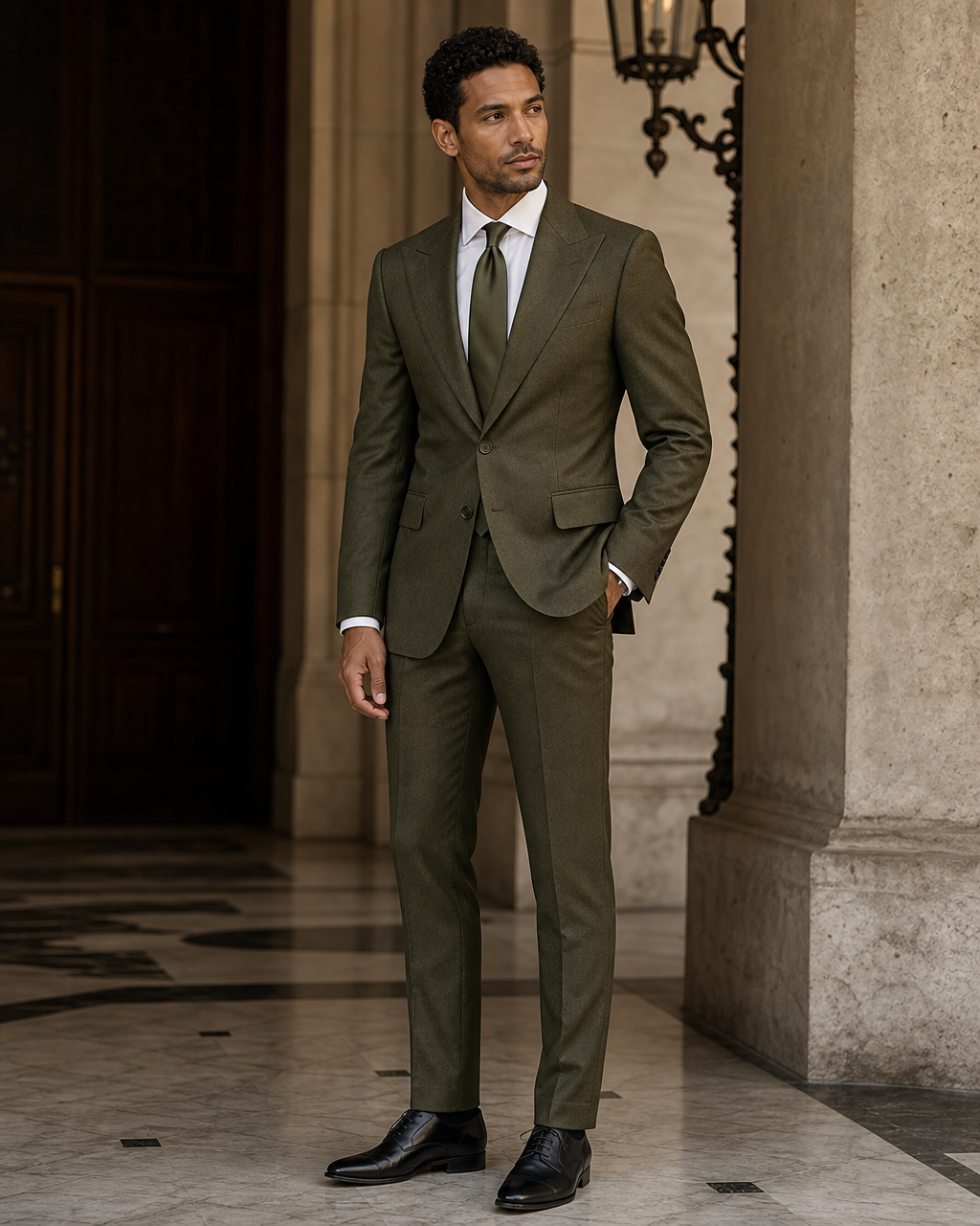 Olive Wool Outdoor Wedding Suit - Custom Made to Measure side back view