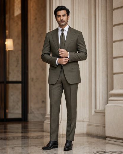 Olive Wool Winter Suit - Custom Made to Measure front view