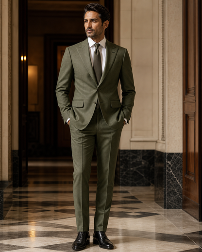 Olive Wool Winter Suit - Custom Made to Measure side back view