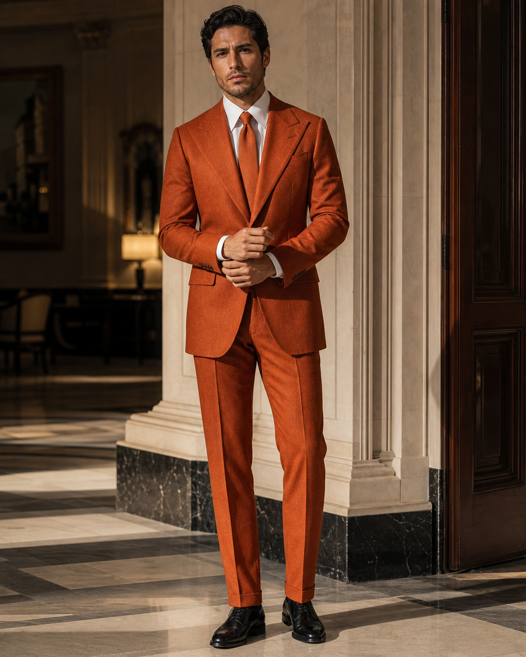 Orange Flannel Winter Suit - Custom Made to Measure front view